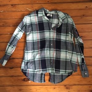 Old Navy Boyfriend button down shirt Size L navy mint plaid